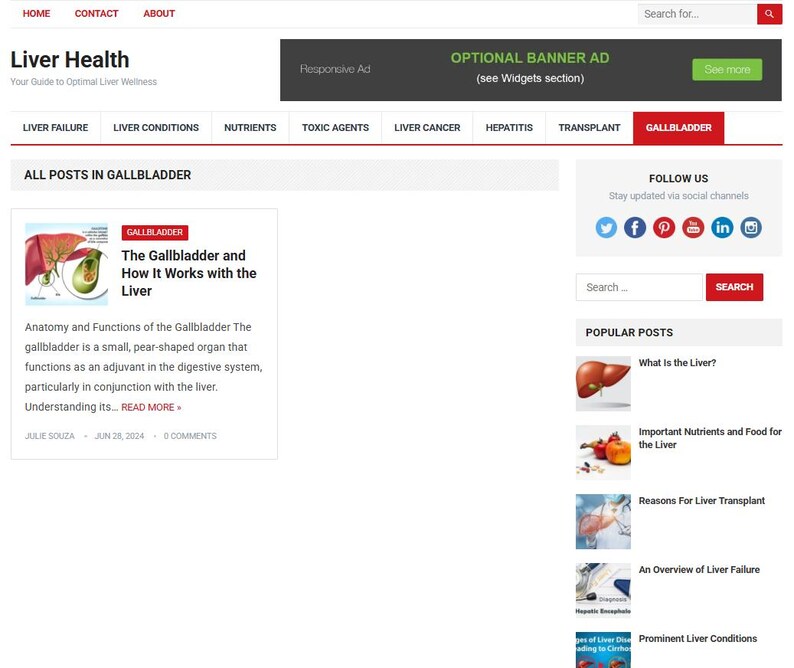 May include: A website about liver health with navigation links for various topics like liver failure and nutrients. The main content features a post titled "The Gallbladder and How It Works with the Liver" with an illustration of the gallbladder and liver.