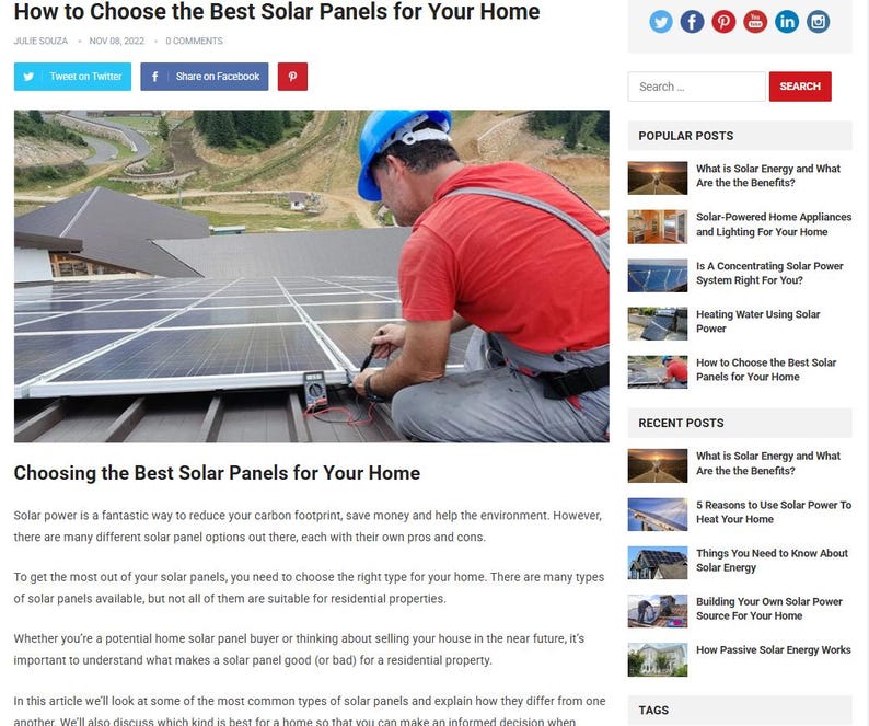 May include: An image from a blog post titled "How to Choose the Best Solar Panels for Your Home." A worker in a red shirt and blue helmet is installing solar panels on a rooftop. The panels are dark, rectangular, and arranged in rows.
