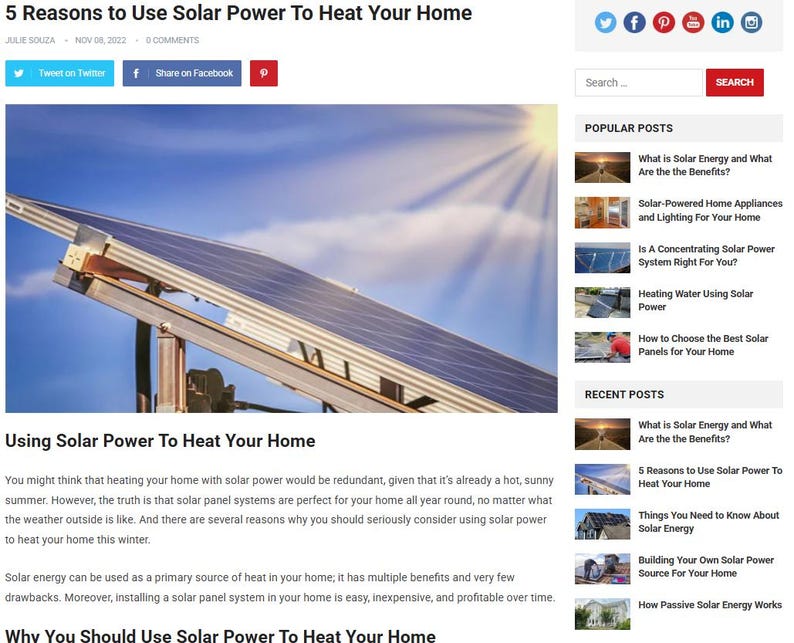 May include: A blog post titled "5 Reasons to Use Solar Power To Heat Your Home" with a photo of a solar panel array against a blue sky. The article discusses the benefits of using solar energy for home heating.