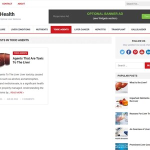 May include: A website homepage titled "Liver Health" with navigation links and a search bar. The main content highlights "Toxic Agents" with an article about liver toxicity. Social media icons and popular posts are also displayed.