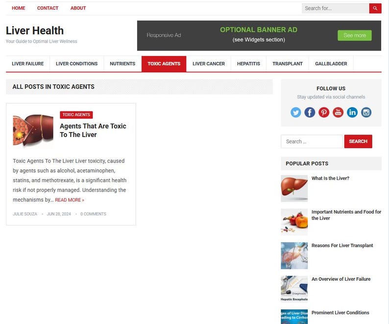 May include: A website homepage titled "Liver Health" with navigation links and a search bar. The main content highlights "Toxic Agents" with an article about liver toxicity. Social media icons and popular posts are also displayed.
