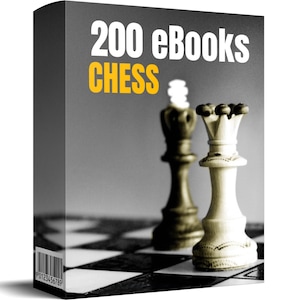 May include: A product box with the text "200 eBooks CHESS" in white and yellow. The box features a chess board with a black king and a white queen. The background is a gradient of gray.