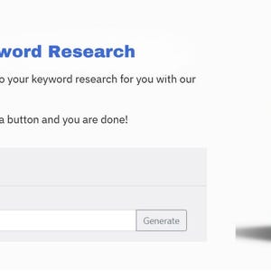 Op de afbeelding: Een productdoos voor AI Keyword Research-software. De doos is donkerblauwgroen met witte tekst en een vergrootglas-pictogram. De tekst op de doos luidt "AI Keyword Research, AI Powered Keyword Research Software". De afbeelding toont ook een keyword generator interface.