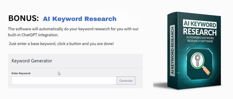 Op de afbeelding: Een productdoos voor AI Keyword Research-software. De doos is donkerblauwgroen met witte tekst en een vergrootglas-pictogram. De tekst op de doos luidt "AI Keyword Research, AI Powered Keyword Research Software". De afbeelding toont ook een keyword generator interface.