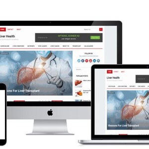 May include: A digital display of a website titled "Liver Health" on a desktop computer, laptop, tablet, and smartphone. The website features medical information and a graphic of a liver. The devices are arranged together.