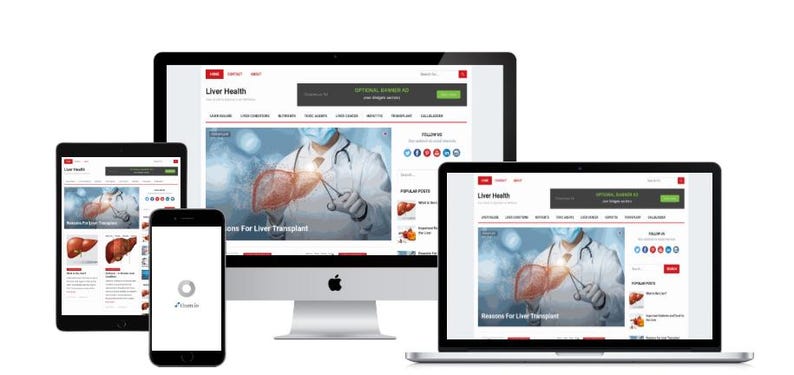 May include: A digital display of a website titled "Liver Health" on a desktop computer, laptop, tablet, and smartphone. The website features medical information and a graphic of a liver. The devices are arranged together.