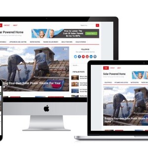 May include: A website design displayed on multiple devices, including a desktop computer, laptop, tablet, and smartphone. The website's theme is "Solar Powered Home," with images of solar panel installation and related content.