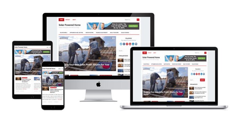 May include: A website design displayed on multiple devices, including a desktop computer, laptop, tablet, and smartphone. The website's theme is "Solar Powered Home," with images of solar panel installation and related content.