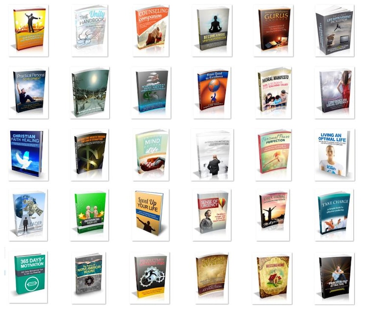 May include: A collection of book covers with various titles and designs. The covers feature images of people, landscapes, and abstract art. Titles include "The Unity Handbook," "Counseling Companion," and "Living an Optimal Life."