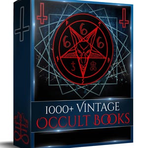Könnte beinhalten: Eine rechteckige Box mit dunkelblauem Hintergrund, die ein rotes Pentagramm mit einem Ziegenkopf und der Zahl 666 in einem Kreis zeigt. Der Text 1000+ VINTAGE OCCULT BOOKS ist in Weiß und Rot gedruckt. Umgekehrte Kreuze sind sichtbar.