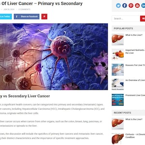 May include: An educational graphic titled "Types Of Liver Cancer - Primary vs Secondary." The image features a detailed illustration of cancer cells in shades of red, purple, and brown against a blue background. Accompanying text explains the difference between primary and secondary liver cancer.