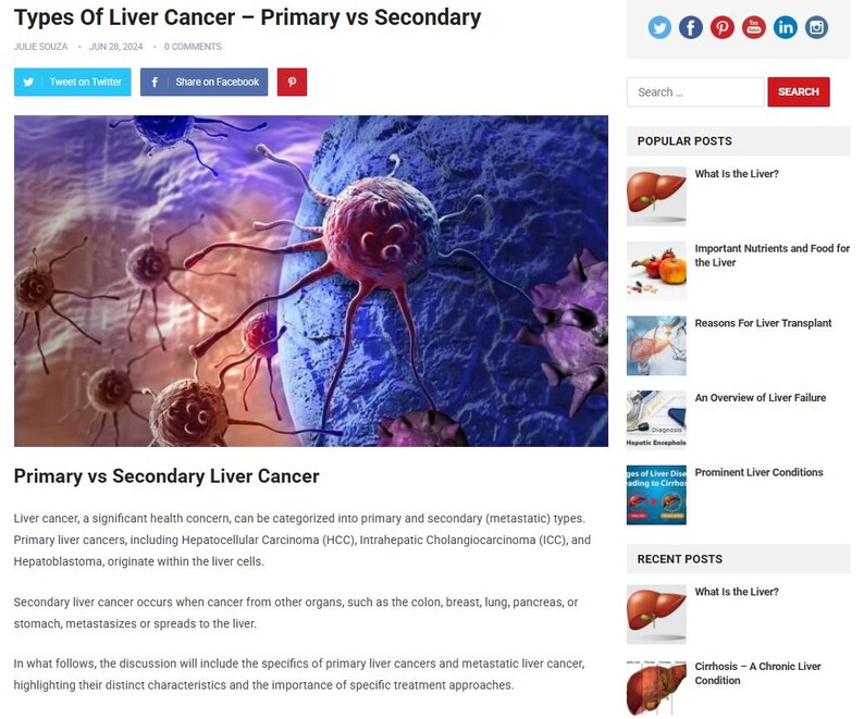 May include: An educational graphic titled "Types Of Liver Cancer - Primary vs Secondary." The image features a detailed illustration of cancer cells in shades of red, purple, and brown against a blue background. Accompanying text explains the difference between primary and secondary liver cancer.