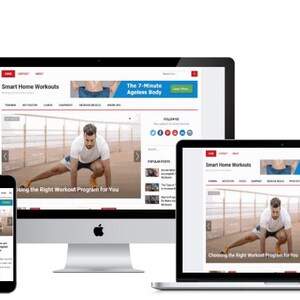 May include: A digital display of a website titled "Smart Home Workouts" on a desktop computer, tablet, laptop, and smartphone. The website features a man demonstrating a workout. The banner reads "The 7-Minute Ageless Body."