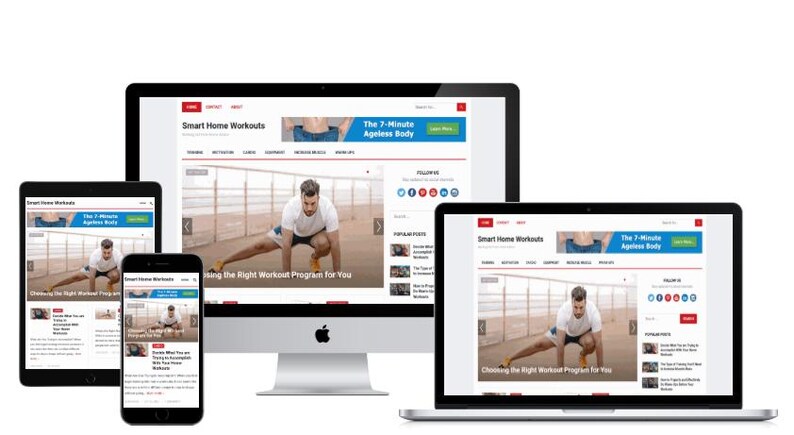 May include: A digital display of a website titled "Smart Home Workouts" on a desktop computer, tablet, laptop, and smartphone. The website features a man demonstrating a workout. The banner reads "The 7-Minute Ageless Body."