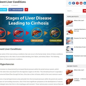May include: A webpage titled "Prominent Liver Conditions" with a header graphic showing stages of liver disease leading to cirrhosis. The graphic displays a healthy liver, fatty liver, fibrosis of liver, and cirrhosis of liver. The page includes links to social media.