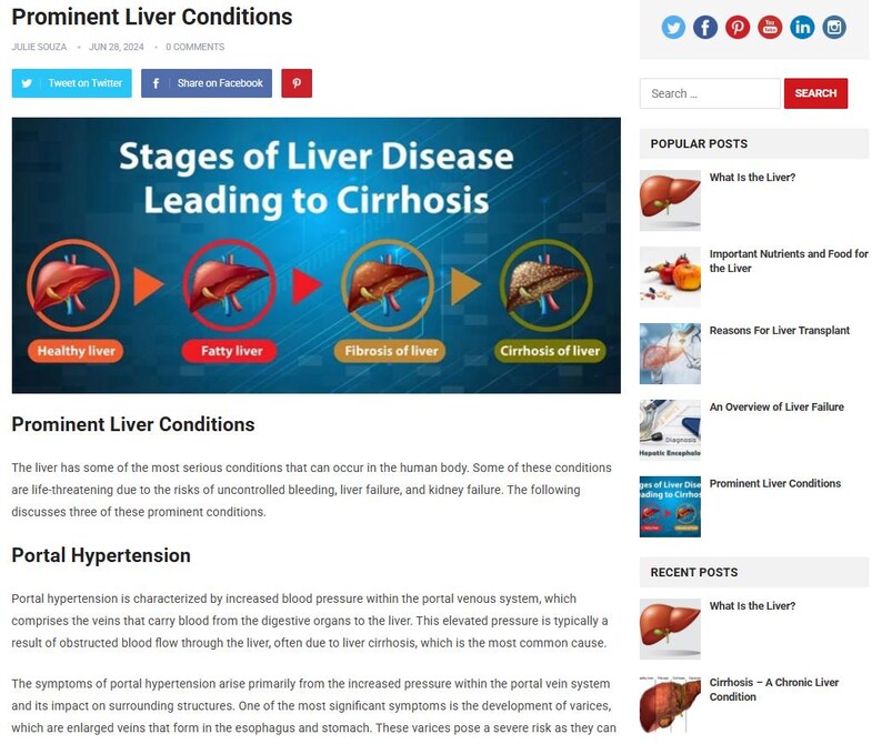 May include: A webpage titled "Prominent Liver Conditions" with a header graphic showing stages of liver disease leading to cirrhosis. The graphic displays a healthy liver, fatty liver, fibrosis of liver, and cirrhosis of liver. The page includes links to social media.