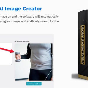 Op de afbeelding: De afbeelding toont een software-interface met de tekst "AI Image Creator". Een persoon houdt een halter vast. Een productdoos met de tekst "AI Image Creator" is ook zichtbaar. De doos is zwart met gouden details.