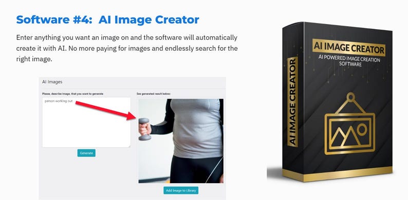 Op de afbeelding: De afbeelding toont een software-interface met de tekst "AI Image Creator". Een persoon houdt een halter vast. Een productdoos met de tekst "AI Image Creator" is ook zichtbaar. De doos is zwart met gouden details.