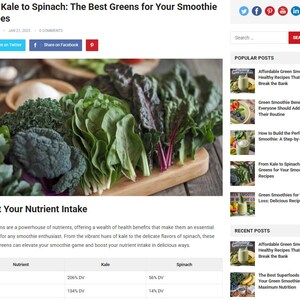 May include: An image from a blog post titled "From Kale to Spinach: The Best Greens for Your Smoothie Recipes." The image showcases a variety of fresh, leafy greens, including kale and spinach, arranged on a wooden cutting board. The greens are vibrant in color.