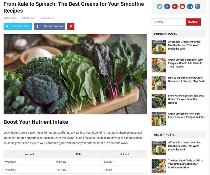 May include: An image from a blog post titled "From Kale to Spinach: The Best Greens for Your Smoothie Recipes." The image showcases a variety of fresh, leafy greens, including kale and spinach, arranged on a wooden cutting board. The greens are vibrant in color.