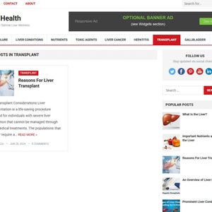 May include: Screenshot of a website titled "Liver Health" with navigation links and a search bar. The main content highlights a post about liver transplants, featuring an image of a liver and medical professionals.