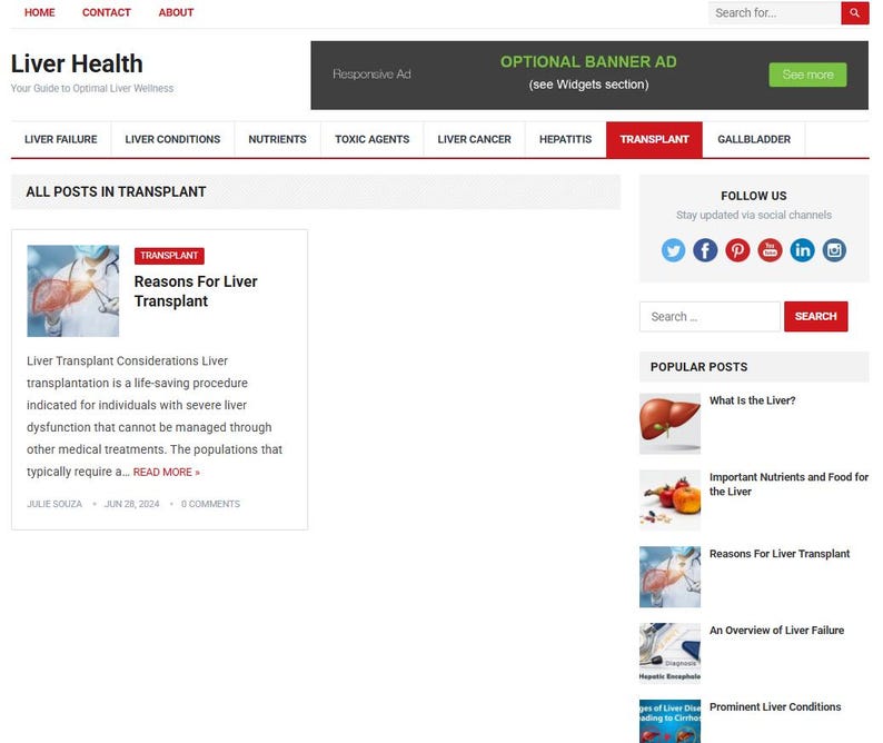 May include: Screenshot of a website titled "Liver Health" with navigation links and a search bar. The main content highlights a post about liver transplants, featuring an image of a liver and medical professionals.