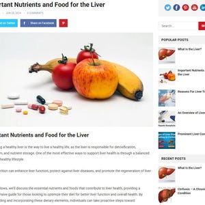 May include: An image from a blog post titled "Important Nutrients and Food for the Liver." The image features a collection of fruits, including a yellow apple, two tomatoes, and two bananas, alongside various pills and capsules.