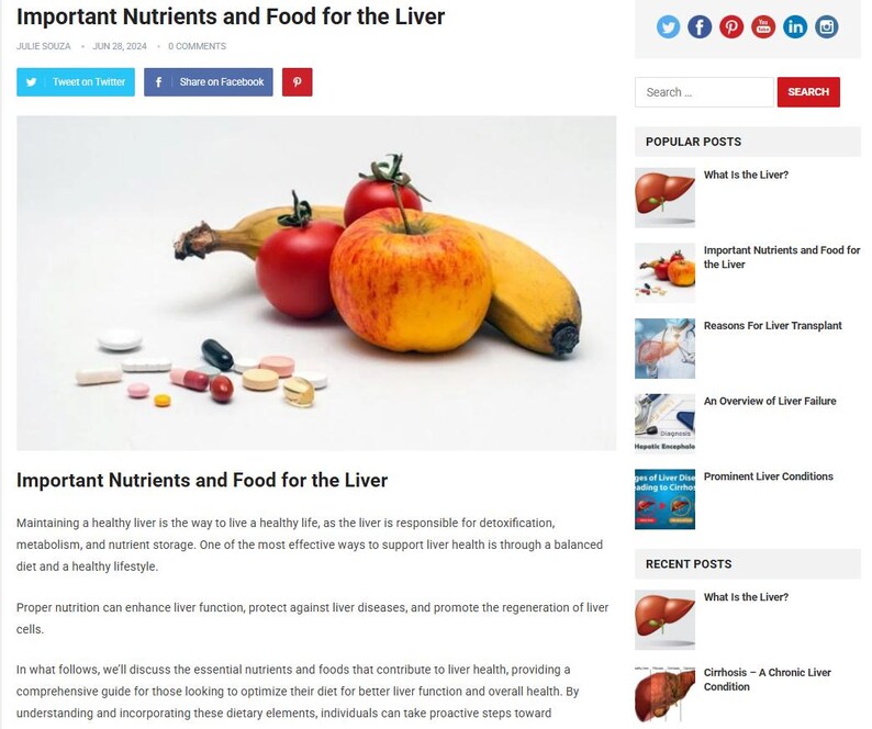 May include: An image from a blog post titled "Important Nutrients and Food for the Liver." The image features a collection of fruits, including a yellow apple, two tomatoes, and two bananas, alongside various pills and capsules.