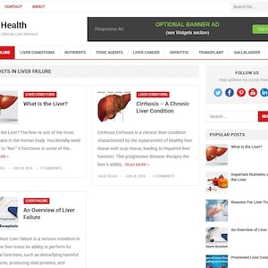 May include: A website homepage titled "Liver Health" with navigation links and a search bar. The page features articles on liver conditions, including "Liver Failure" and "Cirrhosis," with related images and text.
