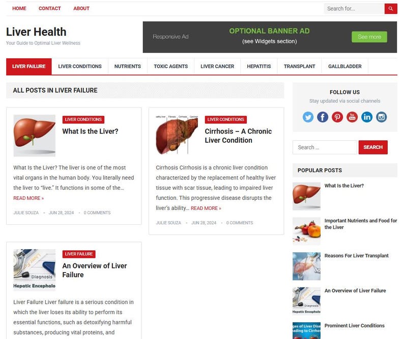 May include: A website homepage titled "Liver Health" with navigation links and a search bar. The page features articles on liver conditions, including "Liver Failure" and "Cirrhosis," with related images and text.