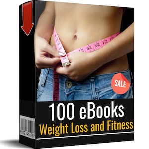 May include: A black box with the text "100 eBooks Weight Loss and Fitness" and a barcode. The image on the box shows a person measuring their waist with a pink measuring tape. A red "SALE" sticker is visible.