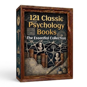May include: A rectangular box set titled 121 Classic Psychology Books: The Essential Collection, featuring a dark, intricate background with neural patterns, busts of psychologists, vintage books, a fountain pen, and two ink bottles in a wooden frame.