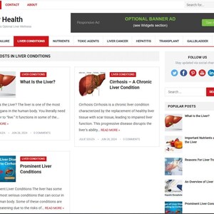 May include: Screenshot of a website titled "Liver Health" with navigation tabs and blog posts about liver conditions. The site features articles on liver failure, nutrients, and liver cancer, with images of the liver.