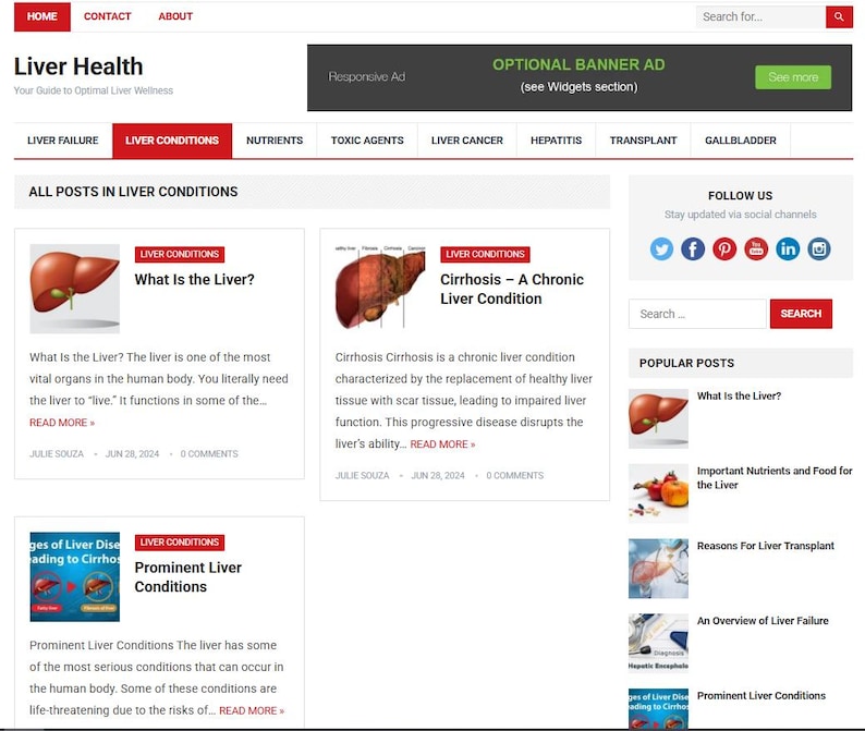 May include: Screenshot of a website titled "Liver Health" with navigation tabs and blog posts about liver conditions. The site features articles on liver failure, nutrients, and liver cancer, with images of the liver.