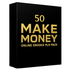 May include: A black box with gold text reading "50 MAKE MONEY ONLINE EBOOKS PLR PACK". The text is in a bold, sans-serif font. The box is angled, giving a three-dimensional appearance.