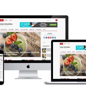 May include: A website promoting green smoothies is displayed on a desktop computer, laptop, tablet, and smartphone. The website features a green smoothie with strawberries and blueberries. The text "21 DAYS" is visible.