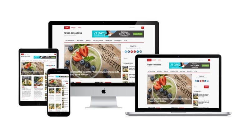 May include: A website promoting green smoothies is displayed on a desktop computer, laptop, tablet, and smartphone. The website features a green smoothie with strawberries and blueberries. The text "21 DAYS" is visible.