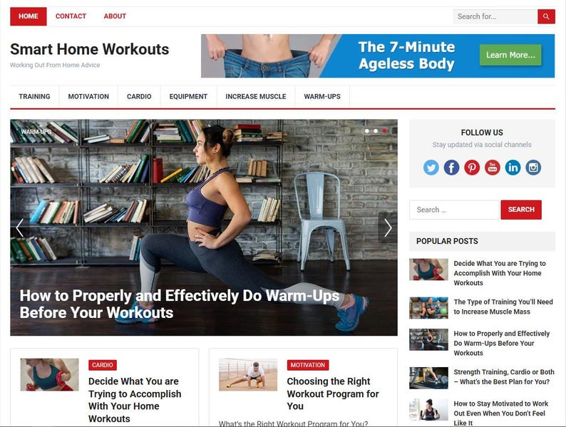 May include: Website homepage for "Smart Home Workouts" featuring a woman stretching. The site's navigation includes sections on training, motivation, and cardio. A banner promotes the "7-Minute Ageless Body" program. Popular posts are listed on the right.