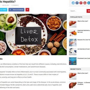 May include: A webpage titled "What Is Hepatitis?" features a central image with the text "Liver Detox" on a black chalkboard. The image is surrounded by various foods, including nuts, seeds, and vegetables, suggesting a health and wellness theme.