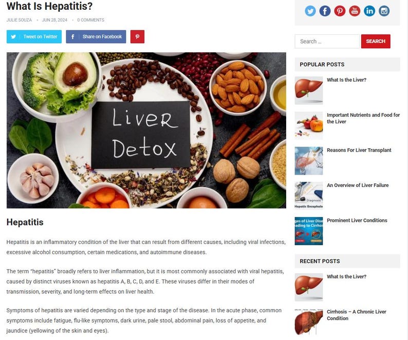 May include: A webpage titled "What Is Hepatitis?" features a central image with the text "Liver Detox" on a black chalkboard. The image is surrounded by various foods, including nuts, seeds, and vegetables, suggesting a health and wellness theme.