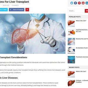 May include: A medical illustration shows a doctor in a white coat and surgical gloves holding surgical tools near a stylized liver. The image is part of a blog post titled "Reasons For Liver Transplant."