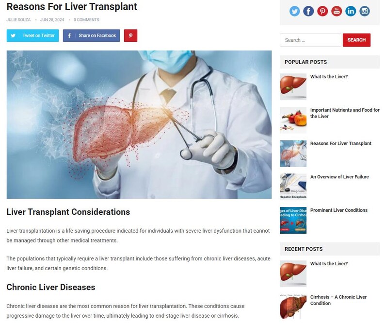 May include: A medical illustration shows a doctor in a white coat and surgical gloves holding surgical tools near a stylized liver. The image is part of a blog post titled "Reasons For Liver Transplant."