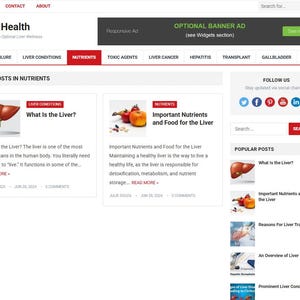 May include: A website homepage titled "Liver Health" with navigation links and a search bar. The page features articles on liver conditions, nutrients, and related topics, with images of a liver and fruits.