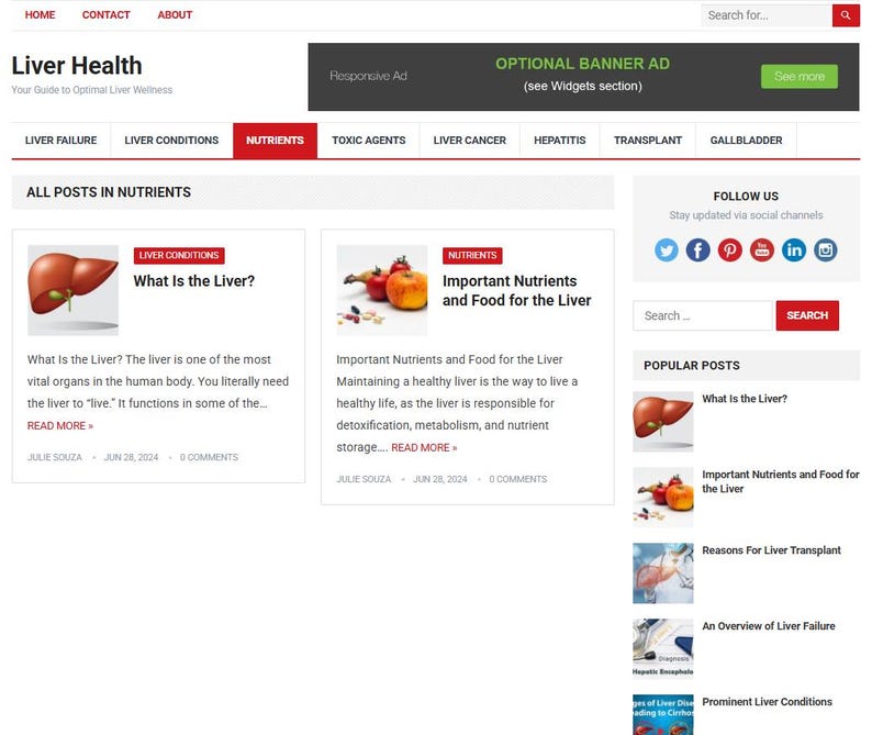 May include: A website homepage titled "Liver Health" with navigation links and a search bar. The page features articles on liver conditions, nutrients, and related topics, with images of a liver and fruits.