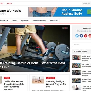 May include: Website homepage titled "Smart Home Workouts" with navigation links and a banner ad. The main image shows a person running on a treadmill. The page features articles on training, motivation, and cardio.