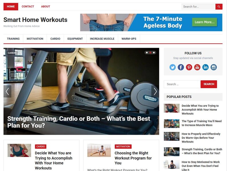 May include: Website homepage titled "Smart Home Workouts" with navigation links and a banner ad. The main image shows a person running on a treadmill. The page features articles on training, motivation, and cardio.