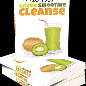 May include: A stack of white books with the title "10 Day Green Smoothie Cleanse" in green and orange. The cover illustration features a green smoothie in a glass with a straw, a whole kiwi, and a kiwi slice.