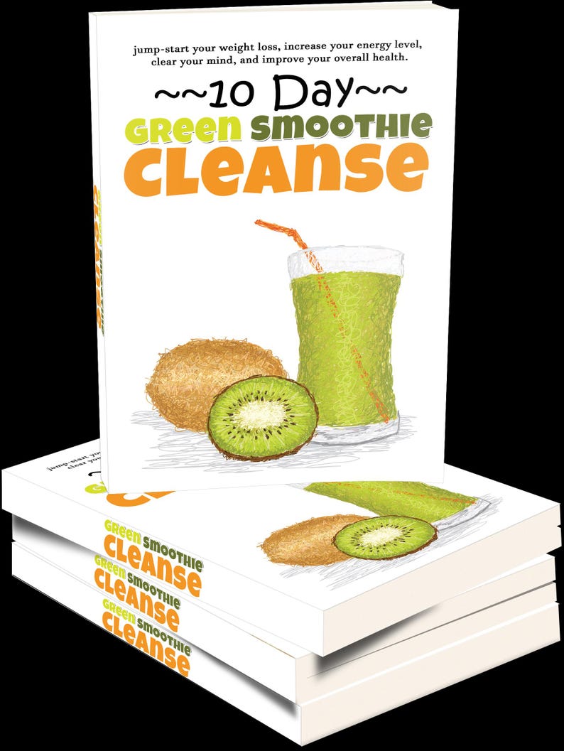 May include: A stack of white books with the title "10 Day Green Smoothie Cleanse" in green and orange. The cover illustration features a green smoothie in a glass with a straw, a whole kiwi, and a kiwi slice.