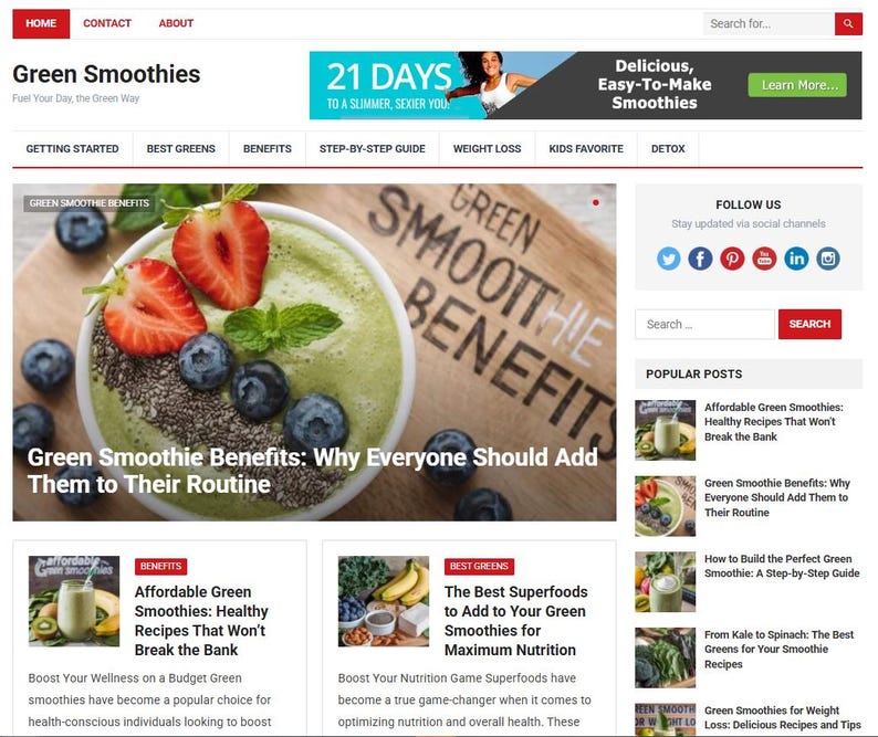 May include: A website homepage titled "Green Smoothies" with a green smoothie in a bowl, garnished with strawberries, blueberries, and mint. The banner reads "21 Days to a Slimmer, Sexier You."