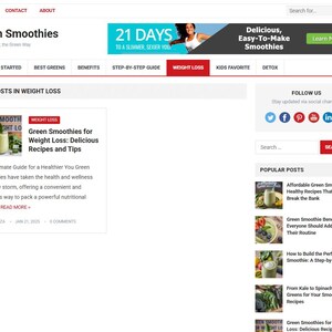 May include: A website homepage titled "Green Smoothies" with navigation links and a search bar. The page features a banner ad and a section on weight loss, with links to articles about green smoothies and recipes.